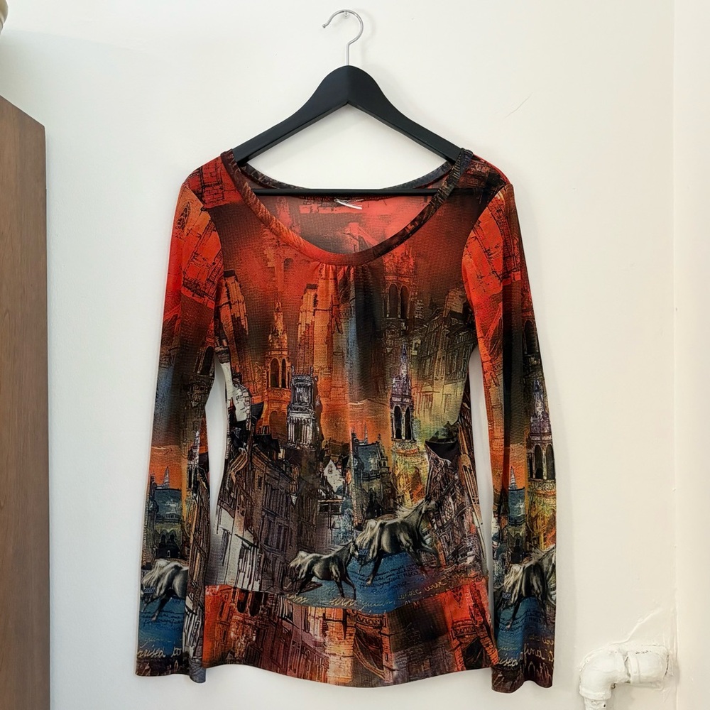 2000s mesh italian horse graphic top